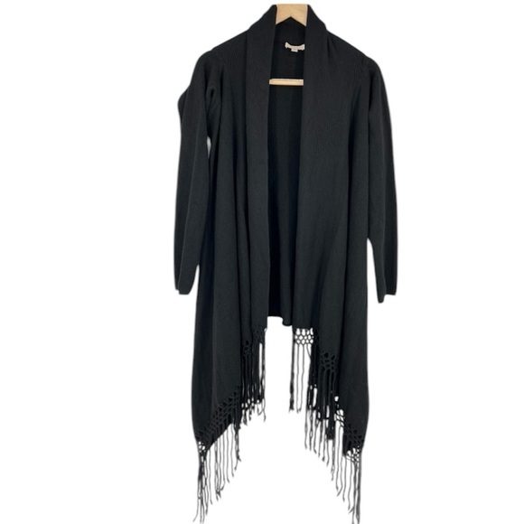 Nordstrom 100% Cashmere Black Fringe Asymmetrical Open Front‎ Cardigan Sweater - Picture 1 of 11